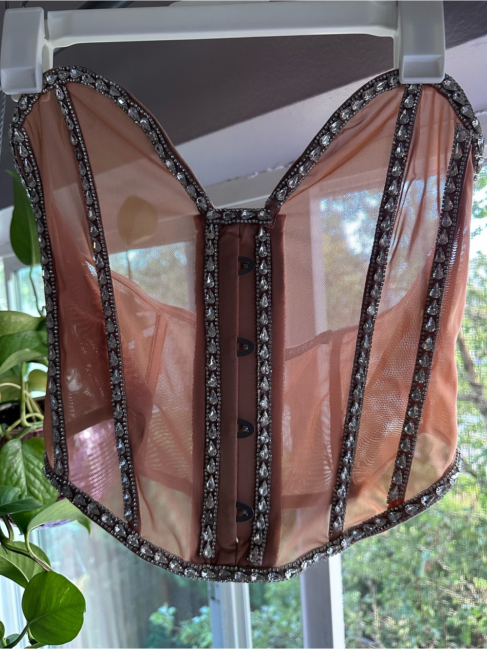 AKIRA Peach Sheer Corset Top with Crystal Trim